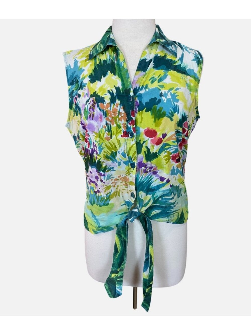 Coldwater Creek Watercolor Floral Sleeveless Button Front Tie Waist Blouse M